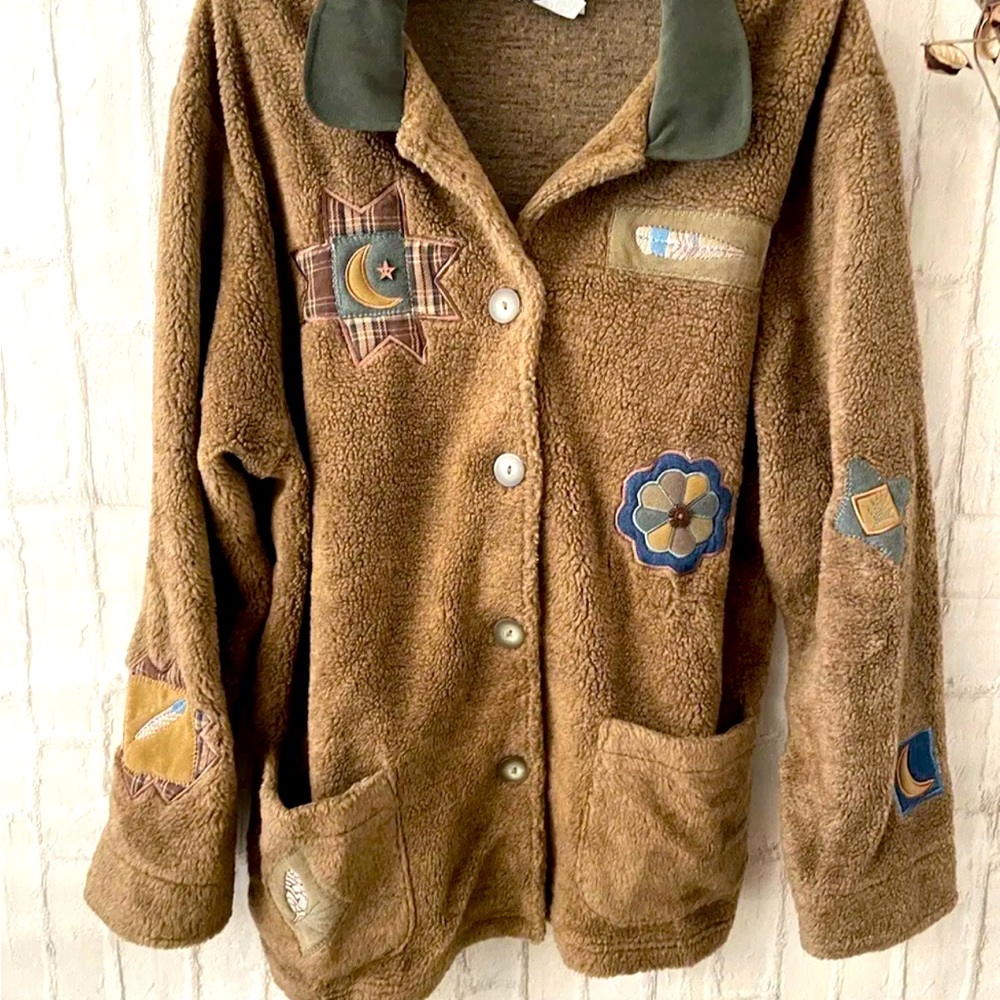 Women’s TAG Shearling Embroidered Patch Button Front Jacket Sz PXL NEW